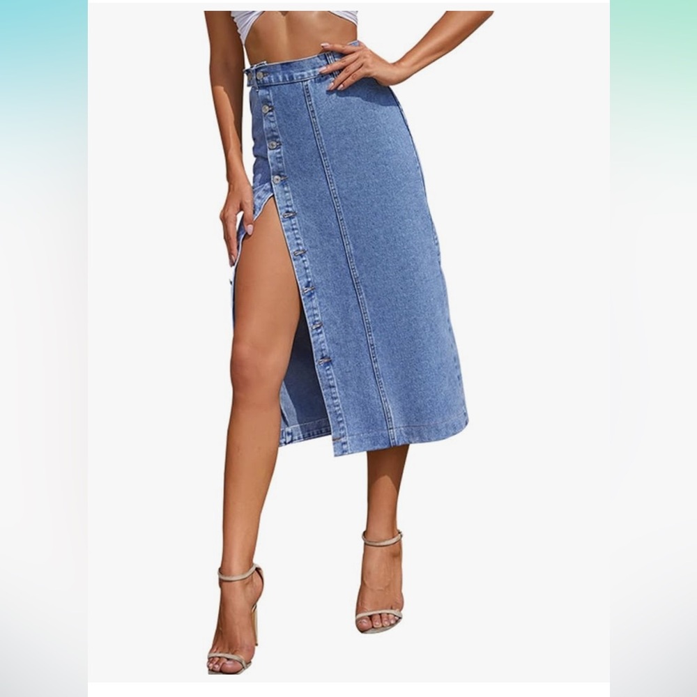 Stretch Demi Button Slit Midi Skirt - Light Blue